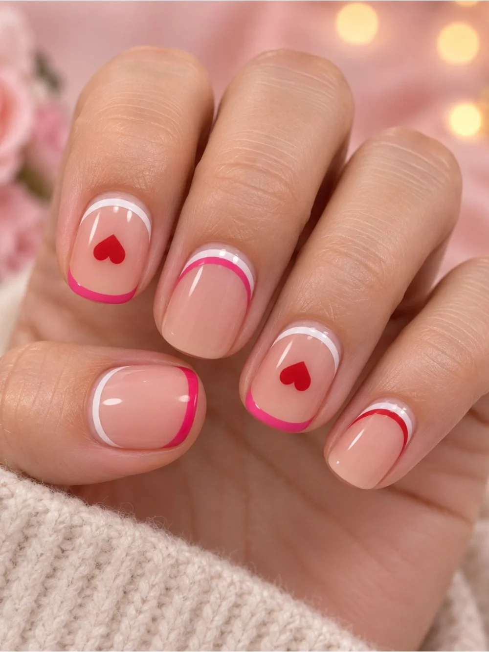 24pc Nude Pink Heart French Tip Press-On Nails Short Square Valentine AC109